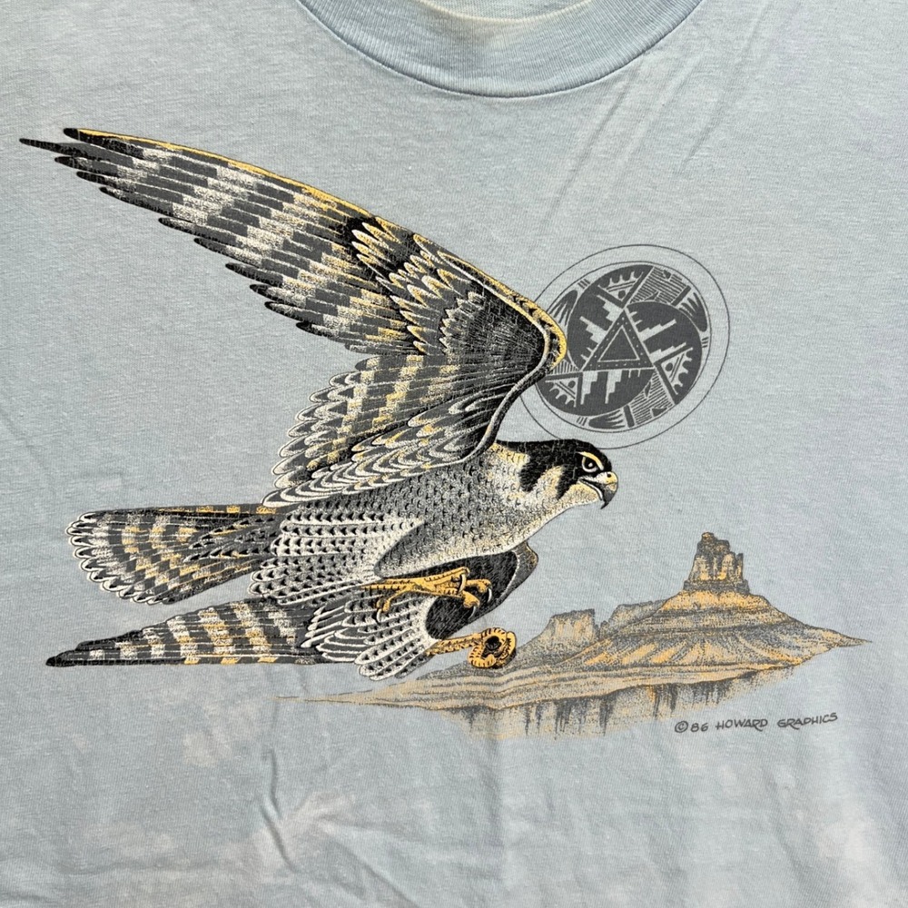 VTG 1986 Howard Graphics Falcon T-Shirt Hanes Beefy-T Blue Large USA Faded